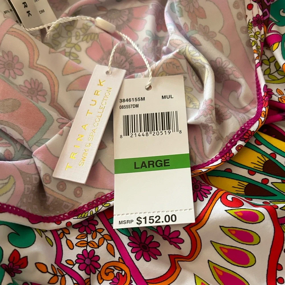 Trina Turk NWT Pink & Green Hawaiian Garden Boatneck Tunic Swim Cover Mini Dress - Picture 14 of 16